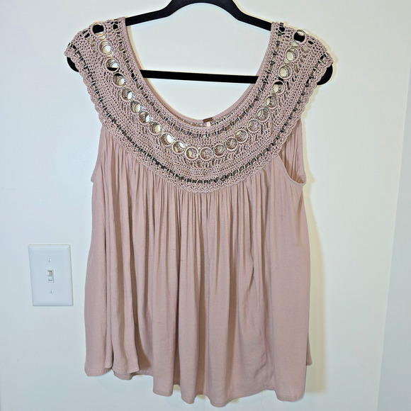 Free People Feel Free Top Taupe M Boho Festival Flowy Rayon Crochet - Picture 1 of 7